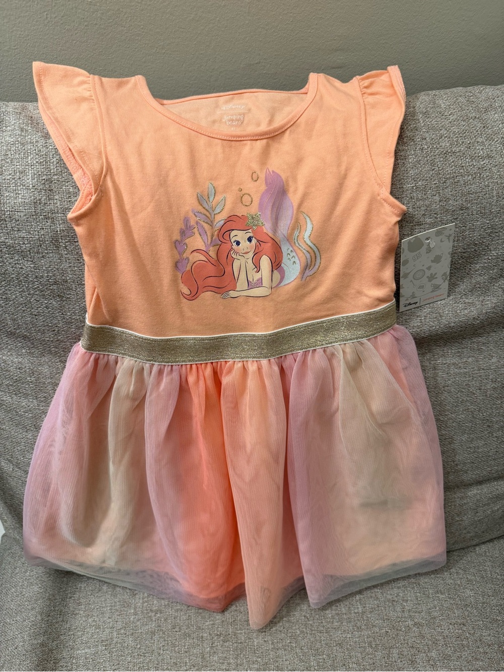 (Brand new) Disney Toddler Peach Mermaid Tulle Dress with Gold Waistband (4T)